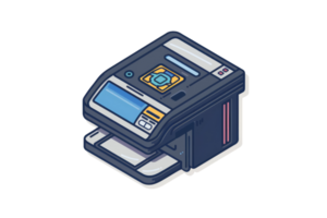Isometric illustration of a modern multifunction printer with a display screen and control panel, perfect for office or business use. png