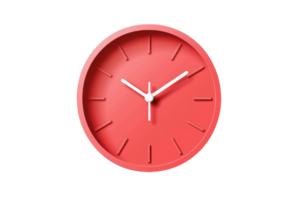 Minimalistic red wall clock with white hands against a transparent background, perfect for timekeeping or decor themes. png