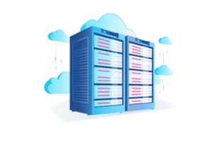 Illustration of a data center with two server racks and surrounding cloud icons symbolizing cloud computing and data storage. png