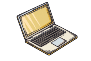 Illustration of an open laptop computer with a yellow screen, featuring a keyboard, touchpad, and detailed design elements. png