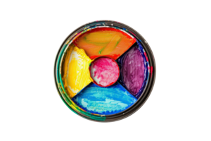Circular arrangement of vibrant paint colors in a palette, inviting creativity. Ideal for artistic backgrounds or design projects. png