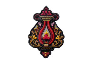 Ornate embroidered patch with red and gold detailing, featuring a flame design in the center on a black background. png