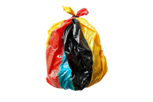 Colorful tri-colored garbage bag with a tied top, isolated on a transparent background. representing waste and disposal solutions. png