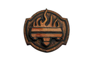 Wooden carved emblem featuring a fire motif, symbolizing warmth, adventure, and craftsmanship. Rustic design ideal for decor or branding. png