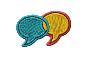 Colorful embroidered speech bubble patches on a transparent background. Perfect for communication and conversation-themed projects and designs. png