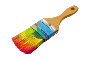 Vibrant paintbrush with colorful rainbow bristles on a wooden handle, isolated on transparent background. symbolizing creativity and art. png