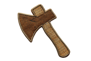 Brown traditional hand-woven axe patch isolated on a transparent background. showcasing intricate craftsmanship and rustic design details. png
