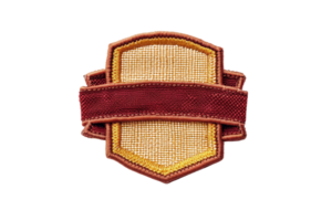 Embroidered patch of a shield with a blank red ribbon, perfect for customization and decoration on clothing or accessories. png