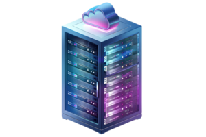 Illustration of a modern server rack with a cloud symbol on top, representing cloud computing technology and data storage solutions. png