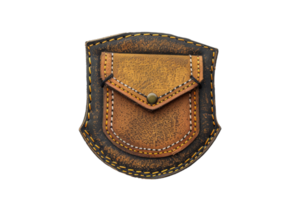 High-quality close-up of a rustic leather pouch with intricate stitching, ideal for vintage themes and handcrafted accessory collections. png