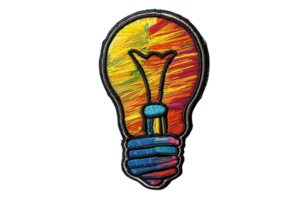 Colorful hand-drawn illustration of a light bulb with abstract, vibrant patterns, representing creativity and innovation. png