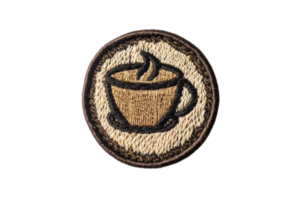 Handcrafted embroidered patch of a coffee cup with steam, perfect for clothing, bags, and accessories, adding a cozy and artistic touch. png