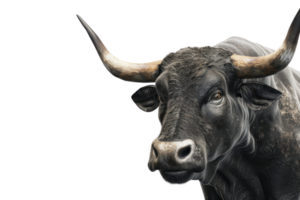 Close-up image of a black bull with large horns on a transparent background. showcasing its strong and majestic presence. png