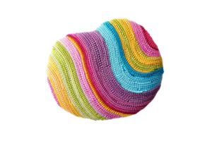 Rainbow swirl beaded ball isolated on transparent background. Colorful handcrafted object made of tiny beads arranged in a beautiful pattern. png