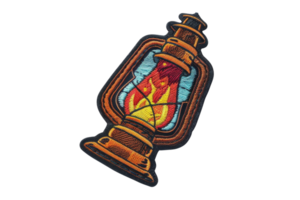 Vintage embroidered lantern patch with a vibrant flame, perfect for customizing jackets, bags, and hats. Ideal for adding a touch of retro charm. png
