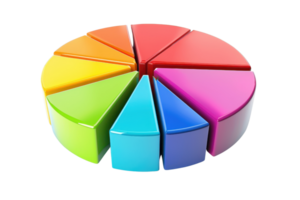 Colorful 3D pie chart with segmented slices representing data distribution. Ideal for business, finance, and analytics presentations. png