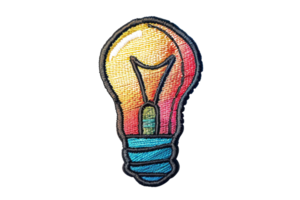 Colorful stitched lightbulb patch with a vibrant mix of yellow, red, and blue hues, perfect for creative design and DIY craft projects. png