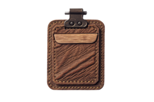 Elegant brown leather badge holder with a stitched pocket and a metal clip on a transparent background. ideal for ID display and secure card holding. png