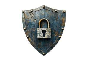 Rustic shield with a padlock symbolizing security and protection. Perfect for cybersecurity, defense, and privacy concepts. png