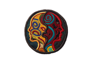 Colorful abstract embroidery featuring dual human profiles with intricate patterns, showcasing vibrant artistic expression and craftsmanship. png
