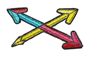 Colorful sketch of three arrows pointing in different directions on black background, symbolizing choices and diverse paths. png