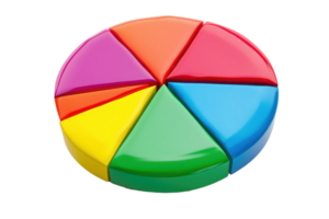 Colorful 3D pie chart with six segments in vibrant colors. Ideal for business presentations, infographics, and data visualization. png