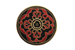 Ornate round decorative design with gold and red accents, featuring intricate patterns and elegant detailing on a black background. png