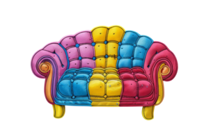 Vibrant multicolored sofa with tufted cushions in blue, yellow, pink, and red, perfect for adding a fun touch to any living space. png