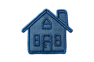 Blue embroidered house patch design on transparent background, ideal for DIY crafts, fabric decoration, and custom apparel projects. png