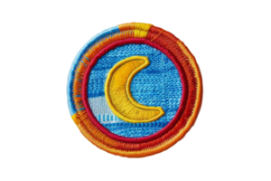 Colorful embroidered patch with a yellow crescent moon on a blue background, surrounded by vibrant red and orange borders. Ideal for crafts and decoration. png