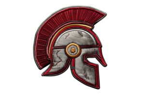 Ancient Roman helmet illustration with red plume, symbolizing warrior and historical combat gear, isolated on a transparent background. png