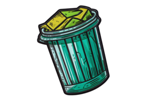 Illustration of a green trash can with yellow waste on top, showcasing waste management and recycling concepts. png