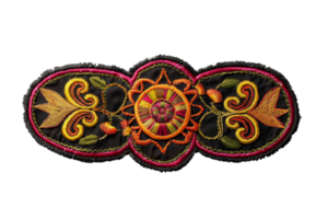 Intricate fabric embroidery featuring colorful floral and geometric patterns, perfect for textile design, crafting, and decoration projects. png