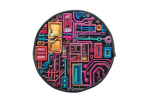 Colorful circular patch with intricate electronic circuit design, blending vibrant patterns, ideal for tech-themed fashion and accessories. png