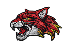 Colorful and detailed embroidered patch of a fierce red wildcat with an angry expression, ready to pounce. Perfect for customization and embellishment. png