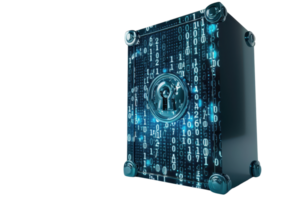 Digital security concept image of a safe with binary code representing data protection, encryption, and information security. png
