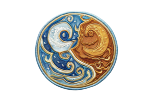 Beautifully crafted ceramic yin-yang symbol with intricate patterns representing balance, harmony, and duality in blue and brown colors. png