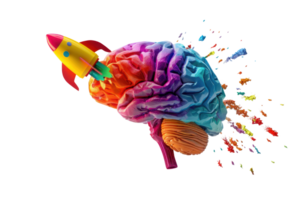 Colorful brain and rocket illustration symbolizing creativity, innovation, and ideas bursting with vivid colors. png