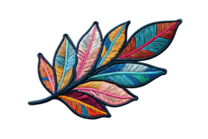 Vibrant multicolored feather artwork with intricate embroidered details on a black background. png