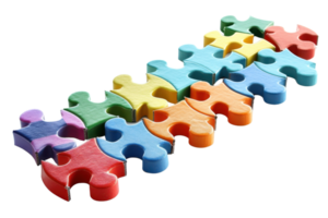 Colorful interlocking puzzle pieces arranged in rows, symbolizing teamwork, problem-solving, and creativity in a vibrant, playful manner. png