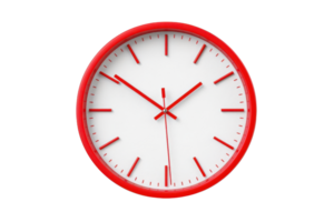 Modern red and white wall clock with minimalist design isolated on transparent background. Simple and stylish timepiece for home or office decor. png