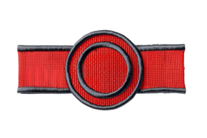 Red badge with black outline featuring a circular design on a transparent background. Ideal for military, fashion, or decorative use. png