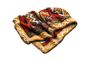 Folded multicolor tribal pattern blanket with vibrant red, yellow, and white tones conveying warmth and cultural significance. png