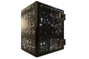 Digital data vault with glowing matrix pattern, presenting secure storage concept for digital assets and cybersecurity. png