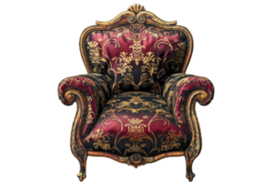 Vintage ornate armchair with intricate floral patterns and luxurious fabric, perfect for adding a touch of elegance and sophistication to any space. png