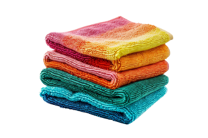 Stack of colorful microfiber towels in various bright hues, perfect for cleaning and household use. Vibrant and soft texture for effective cleaning. png