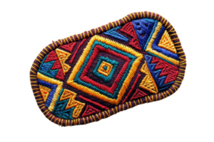 Colorful, hand-embroidered geometric pattern on a fabric patch, showcasing vibrant traditional craft and intricate design details. png