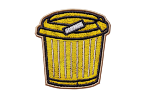 Vibrant embroidered patch of a yellow trash can. Ideal for clothing, backpacks, or craft projects. Adds a touch of fun and color. png