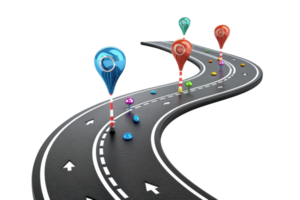 Curved road with colorful location pins marking map points, representing navigation, journey, and direction. png