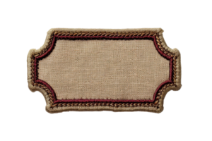 Vintage ornate blank fabric tag with intricate embroidered edges, perfect for labels, crafting, or decorative projects. png
